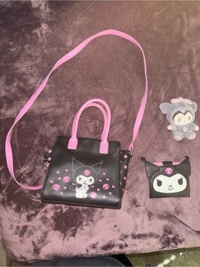 Loungefly Black and Pink Kuromi Character Crossbody Bag with Matching Wallet